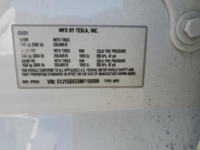 2021 Tesla Model Y VIN: 5YJYGDEE0MF158999 Lot: 51381254