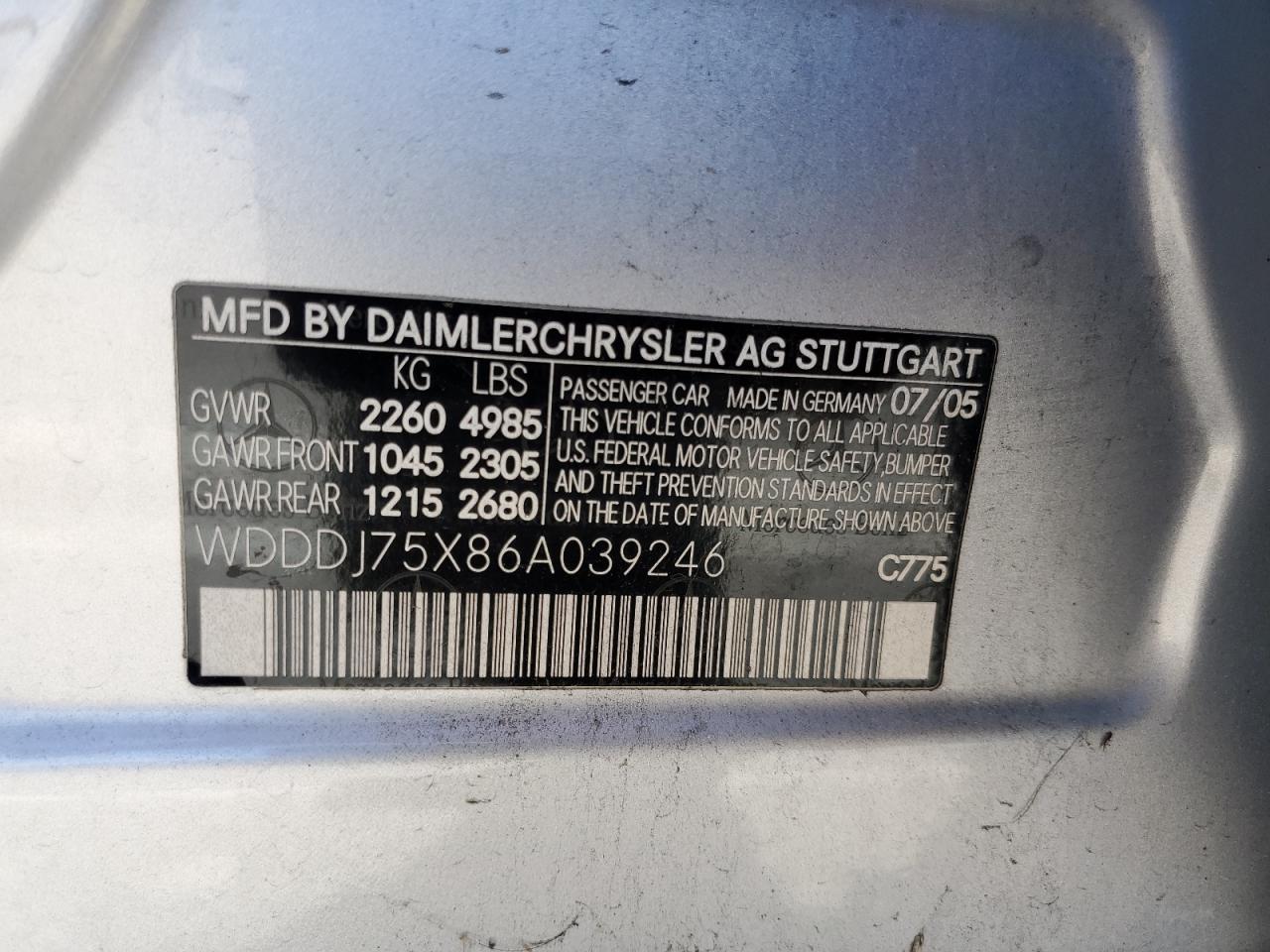 WDDDJ75X86A039246 2006 Mercedes-Benz Cls 500C