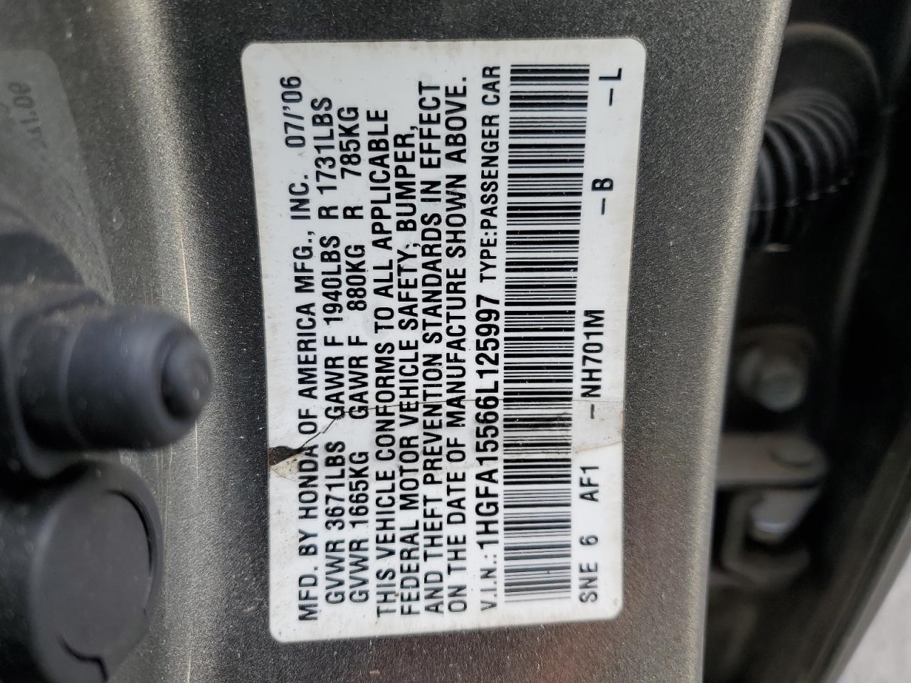 1HGFA15566L125997 2006 Honda Civic Lx