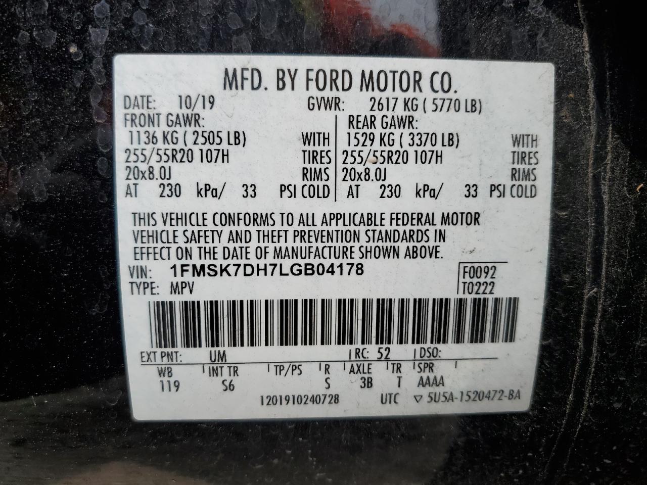 1FMSK7DH7LGB04178 2020 Ford Explorer Xlt