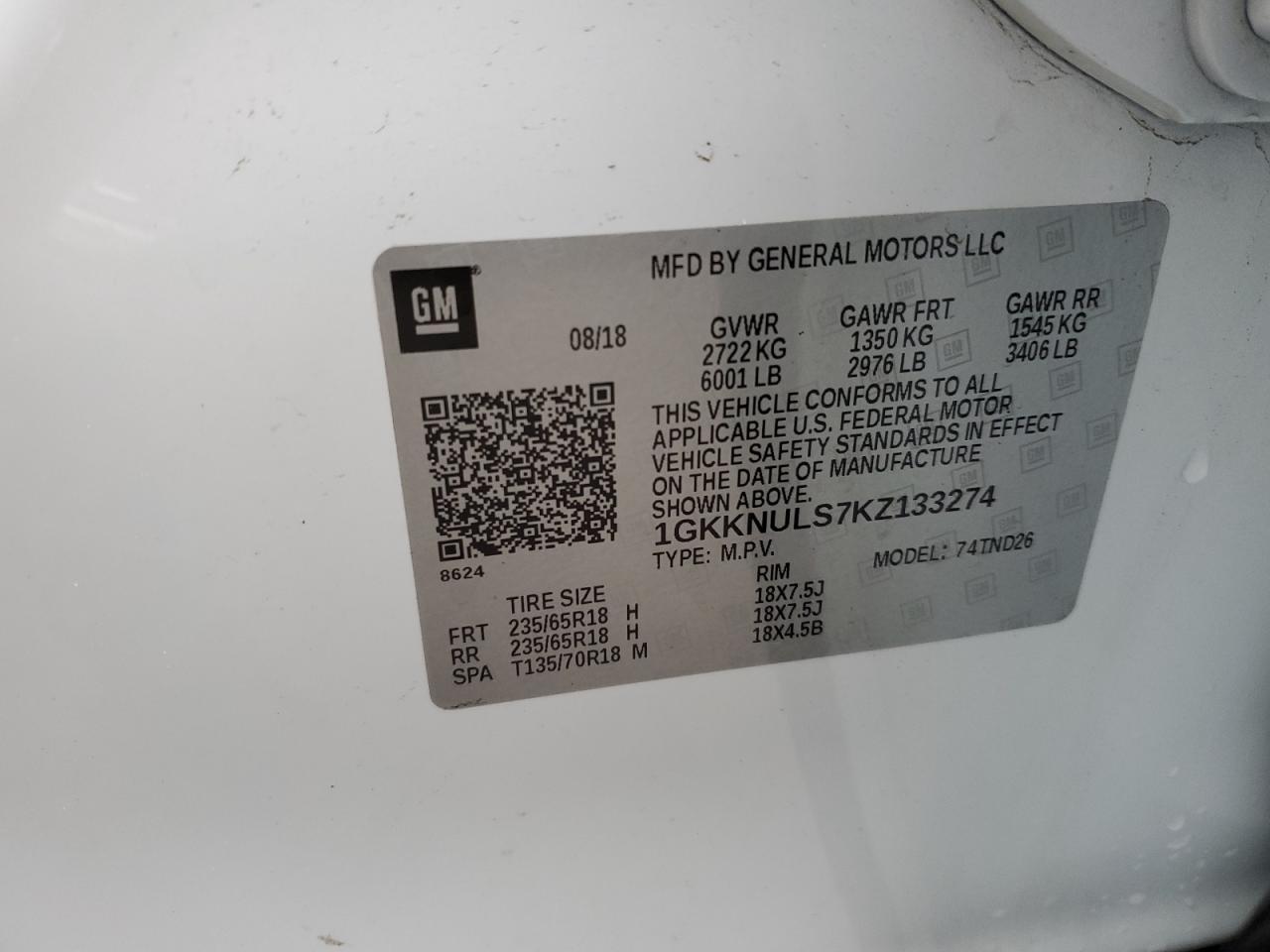 1GKKNULS7KZ133274 2019 GMC Acadia Slt-1