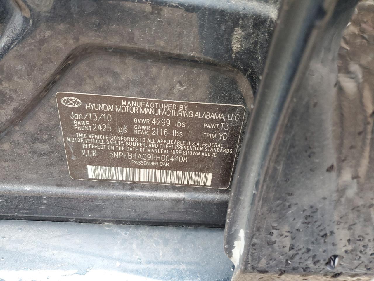 5NPEB4AC9BH004408 2011 Hyundai Sonata Gls