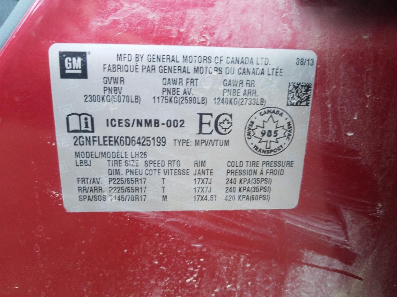 2GNFLEEK6D6425199 2013 Chevrolet Equinox Lt