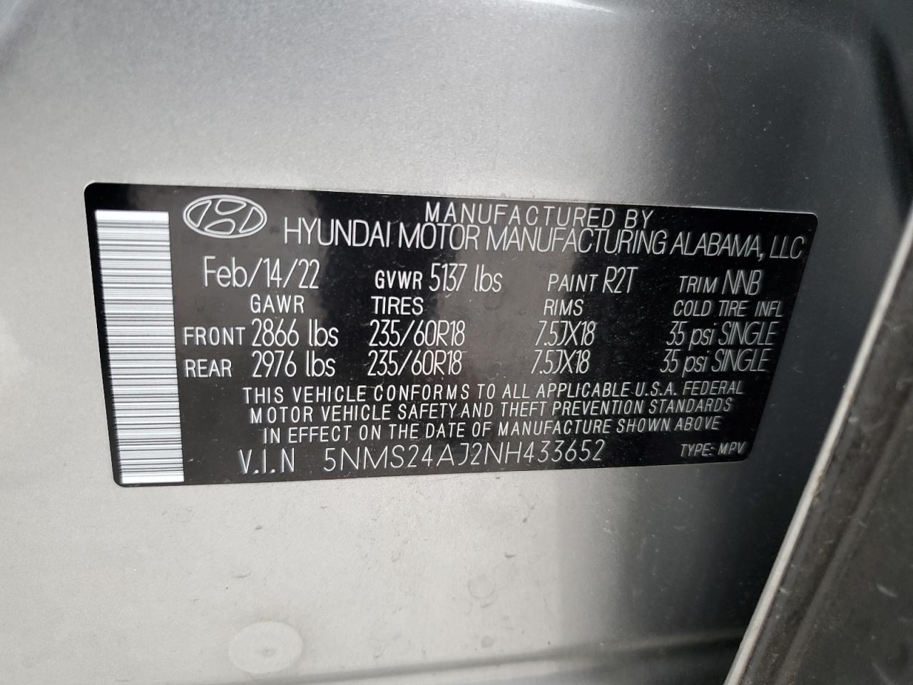 5NMS24AJ2NH433652 2022 Hyundai Santa Fe Sel