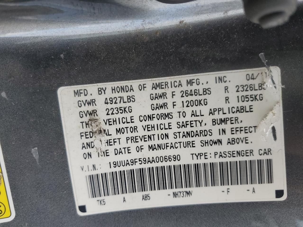 19UUA9F59AA006690 2010 Acura Tl