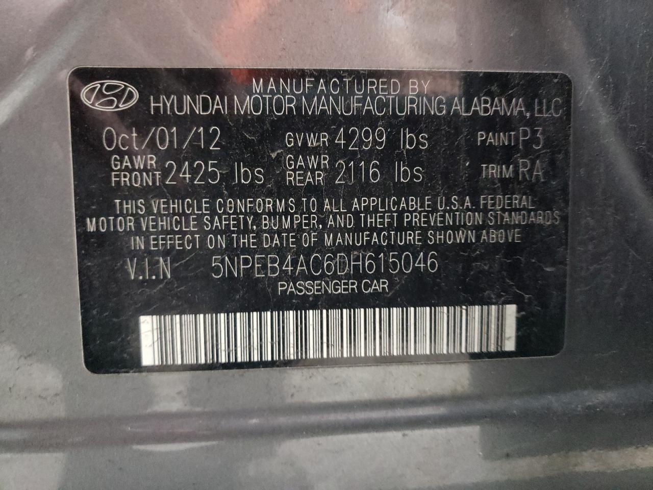 5NPEB4AC6DH615046 2013 Hyundai Sonata Gls