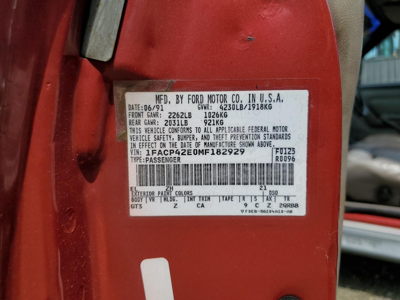 1FACP42E0MF182929 1991 Ford Mustang Gt