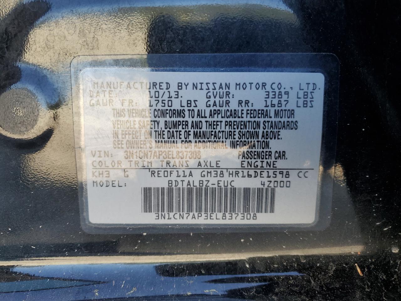 3N1CN7AP3EL837308 2014 Nissan Versa S