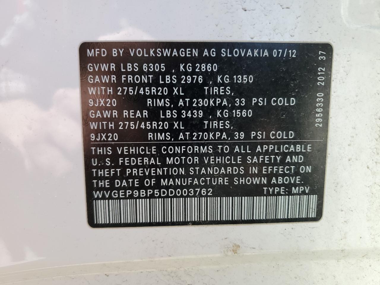 WVGEP9BP5DD003762 2013 Volkswagen Touareg V6 Tdi