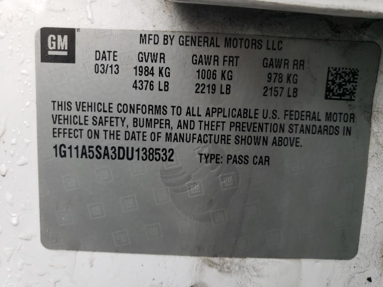 1G11A5SA3DU138532 2013 Chevrolet Malibu Ls