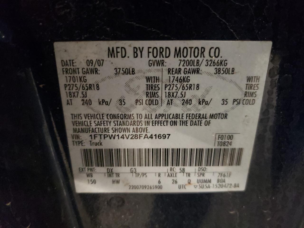 1FTPW14V28FA41697 2008 Ford F150 Supercrew