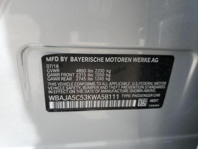 2019 BMW 530 I VIN: WBAJA5C53KWA58111 Lot: 52358884