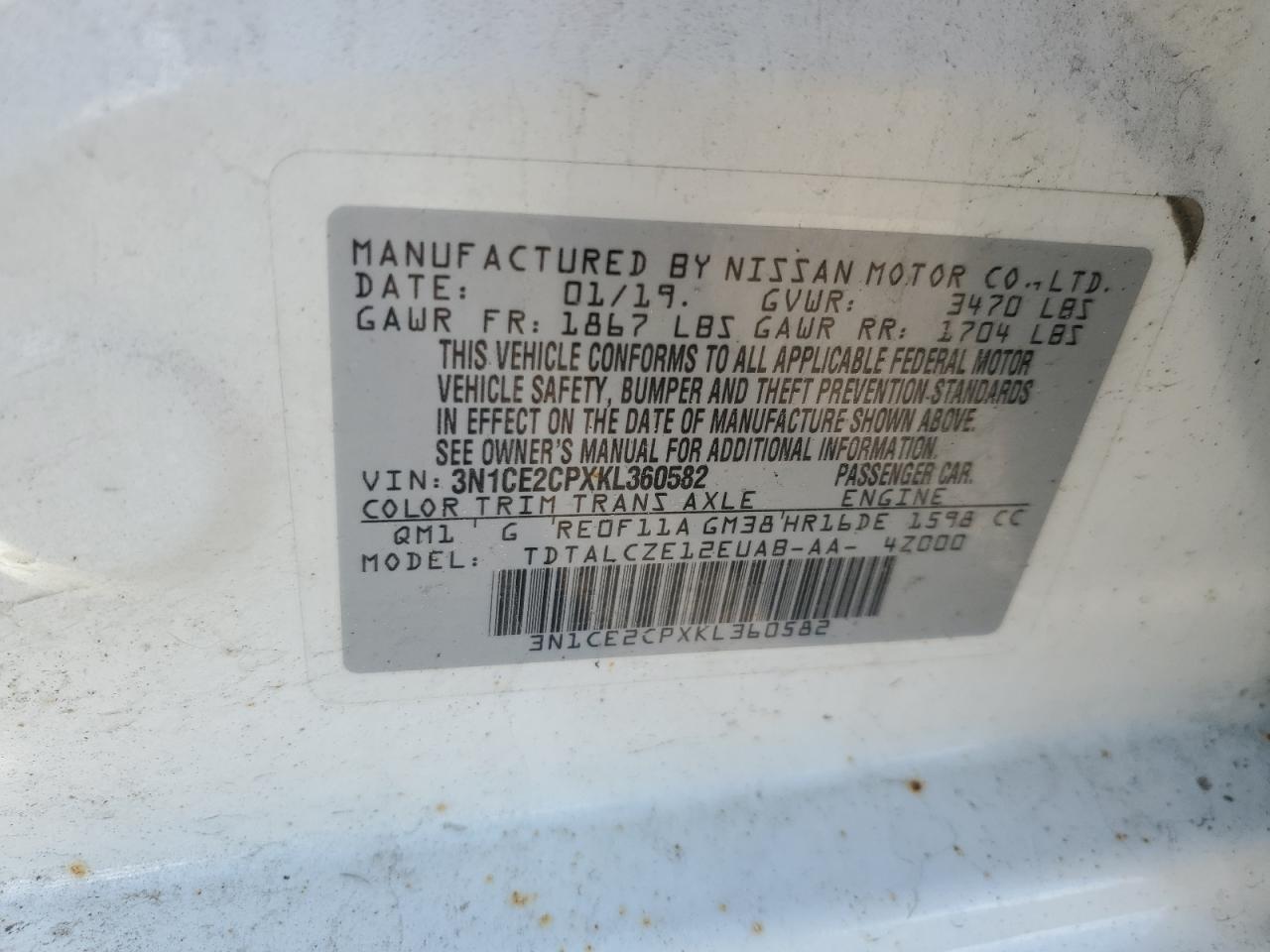 3N1CE2CPXKL360582 2019 Nissan Versa Note S