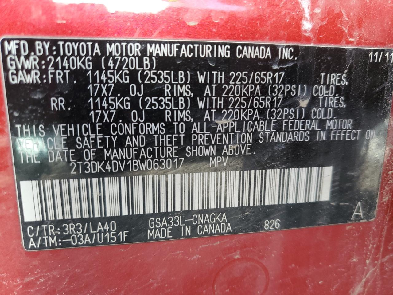 2T3DK4DV1BW063017 2011 Toyota Rav4 Limited