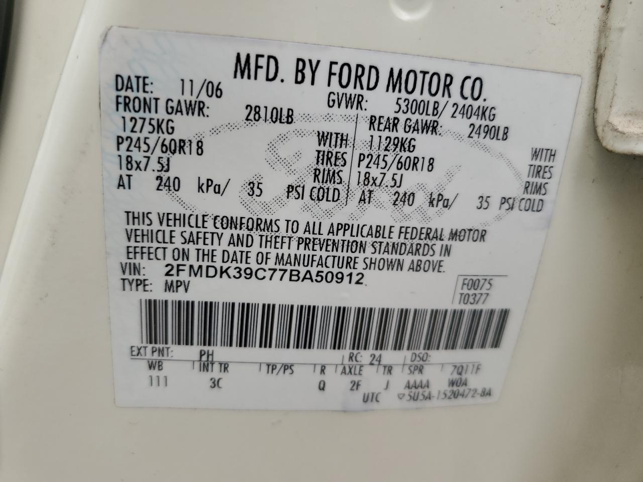 2FMDK39C77BA50912 2007 Ford Edge Sel Plus