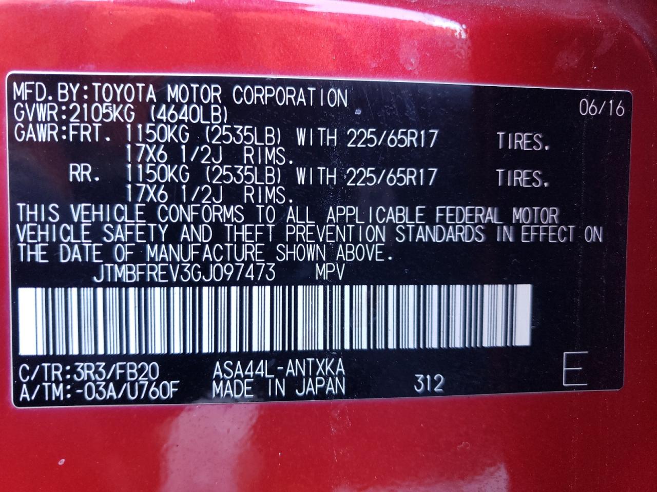 JTMBFREV3GJ097473 2016 Toyota Rav4 Le