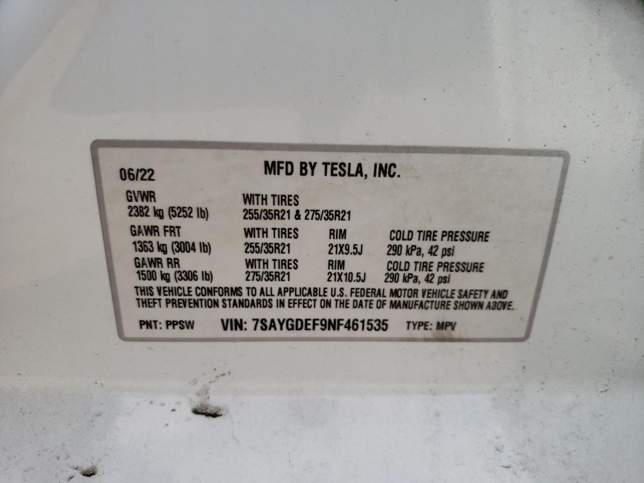 7SAYGDEF9NF461535 2022 Tesla Model Y