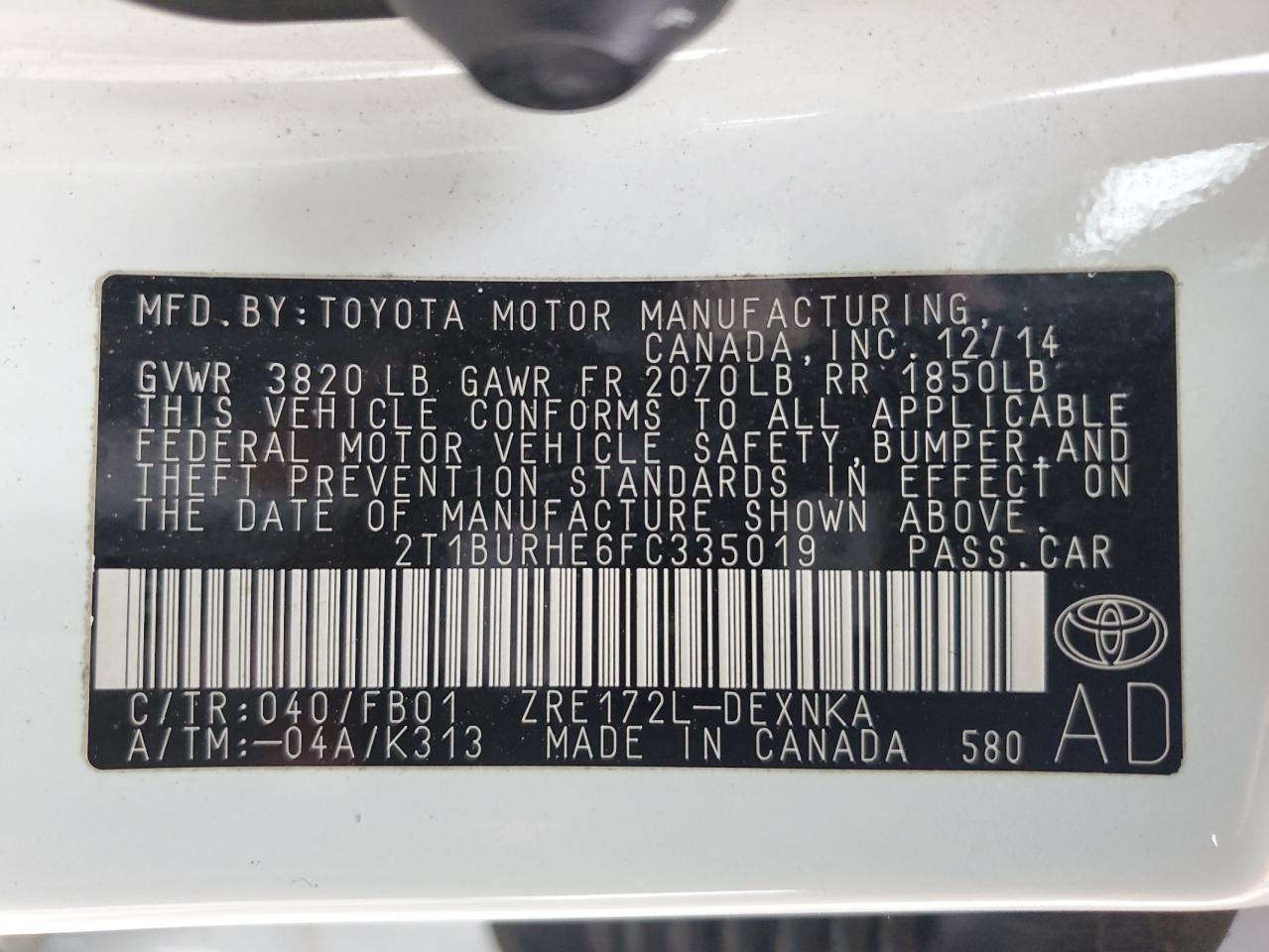2T1BURHE6FC335019 2015 Toyota Corolla L