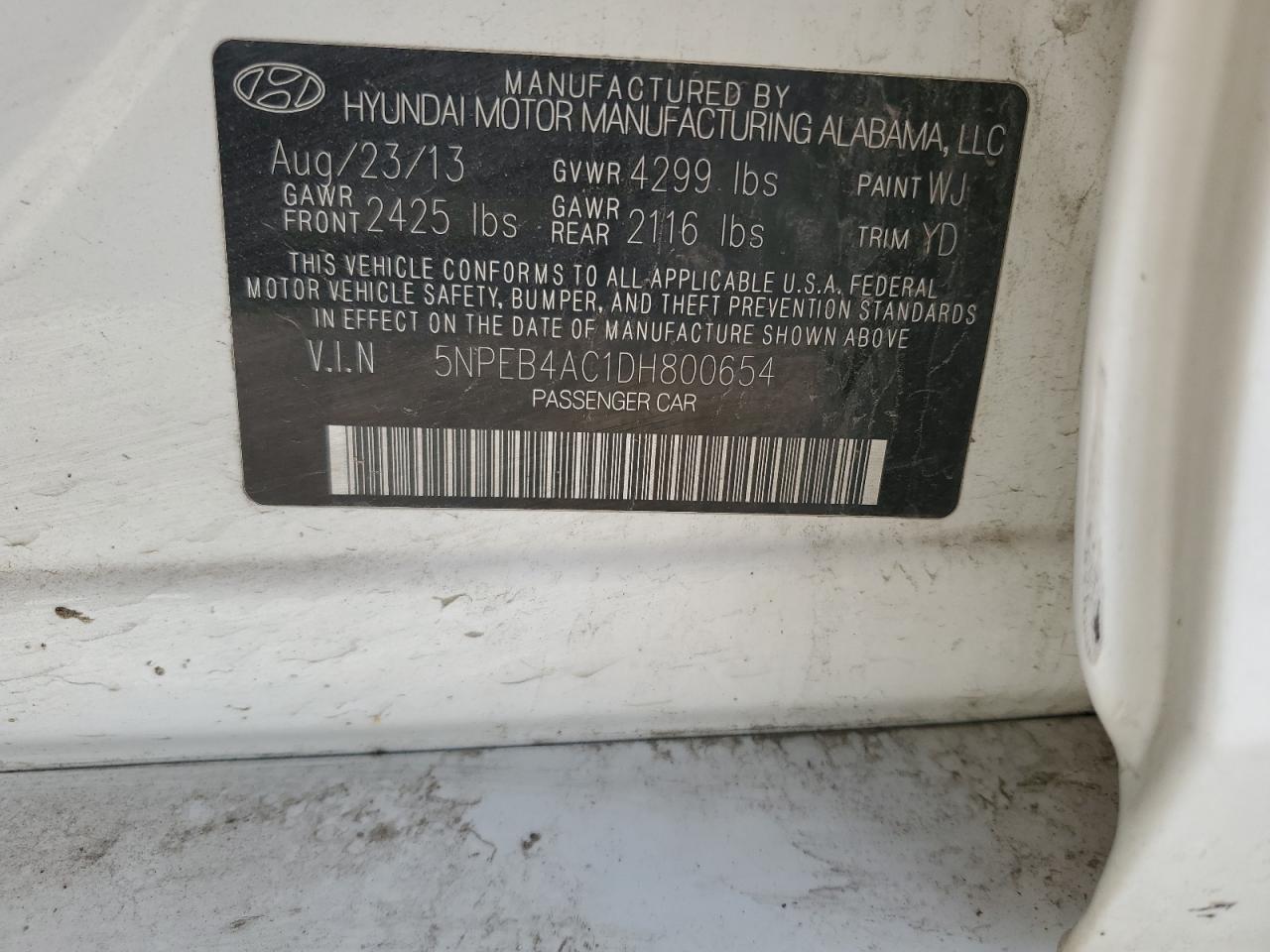 5NPEB4AC1DH800654 2013 Hyundai Sonata Gls