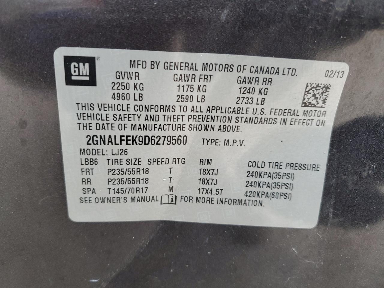 2GNALFEK9D6279560 2013 Chevrolet Equinox Ltz