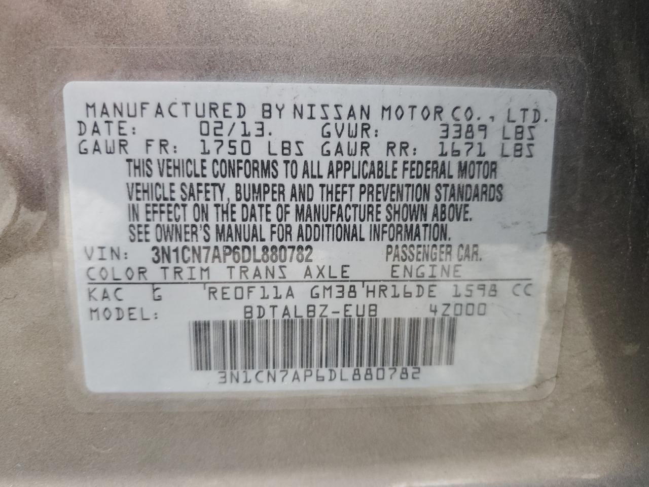 3N1CN7AP6DL880782 2013 Nissan Versa S