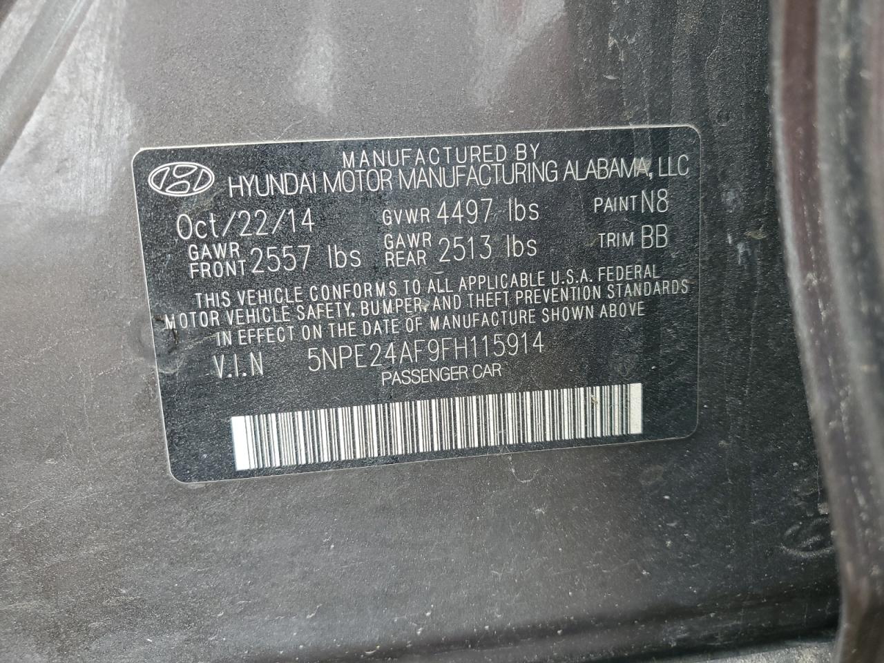 5NPE24AF9FH115914 2015 Hyundai Sonata Se