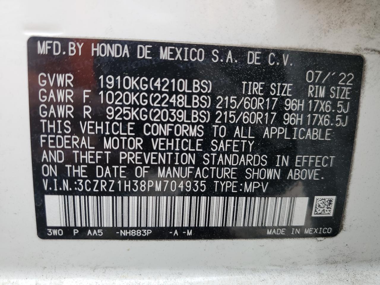 3CZRZ1H38PM704935 2023 Honda Hr-V Lx