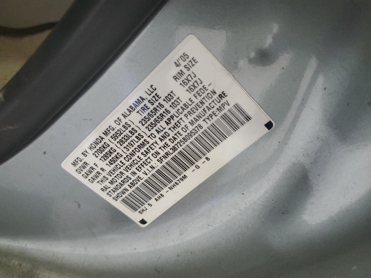 5FNRL38725B095378 2005 Honda Odyssey Exl