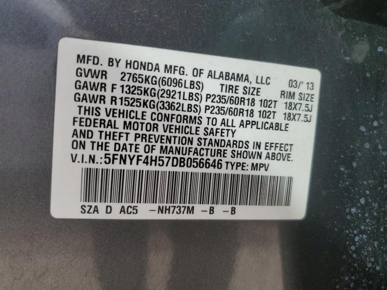 5FNYF4H57DB056646 2013 Honda Pilot Exl