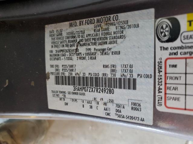 2007 Ford Fusion Se VIN: 3FAHP07ZX7R249280 Lot: 52557654