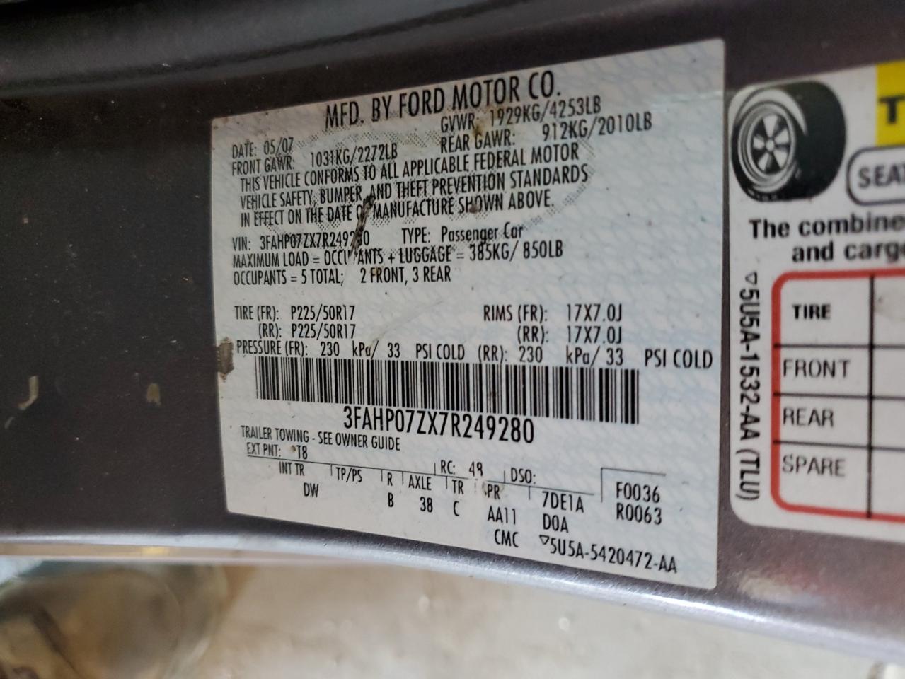 3FAHP07ZX7R249280 2007 Ford Fusion Se