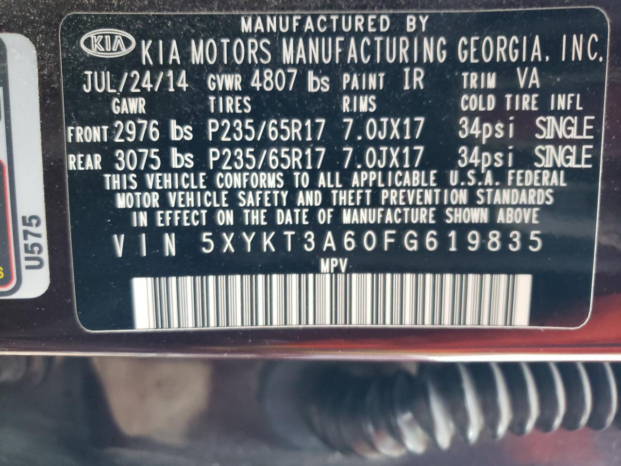 5XYKT3A60FG619835 2015 Kia Sorento Lx