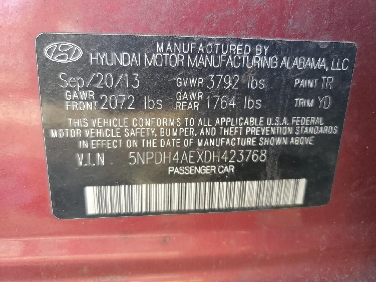 5NPDH4AEXDH423768 2013 Hyundai Elantra Gls