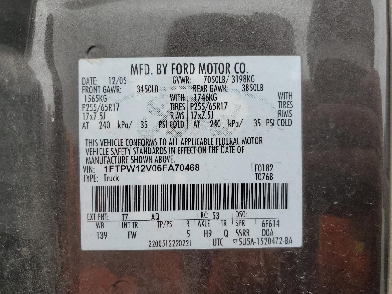 1FTPW12V06FA70468 2006 Ford F150 Supercrew