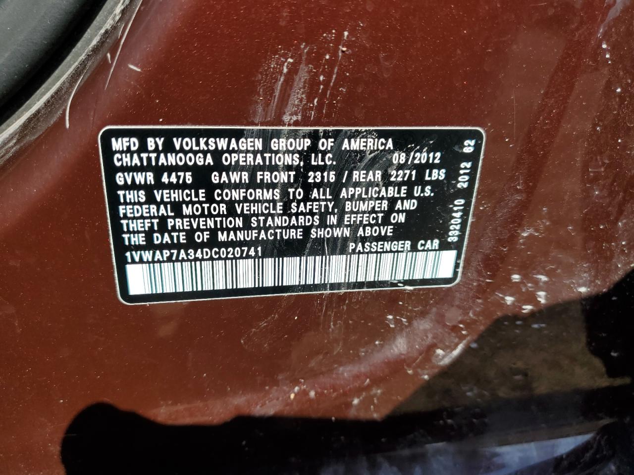 1VWAP7A34DC020741 2013 Volkswagen Passat S