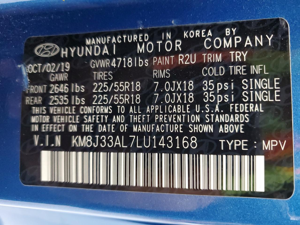 KM8J33AL7LU143168 2020 Hyundai Tucson Limited