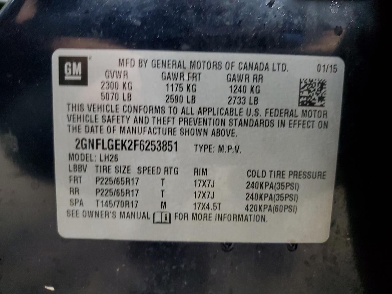 2GNFLGEK2F6253851 2015 Chevrolet Equinox Lt