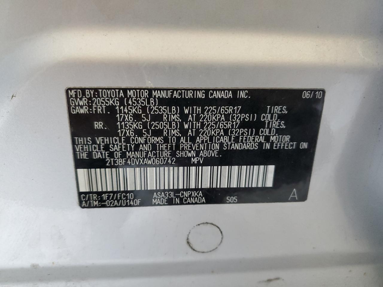 2T3BF4DVXAW060742 2010 Toyota Rav4