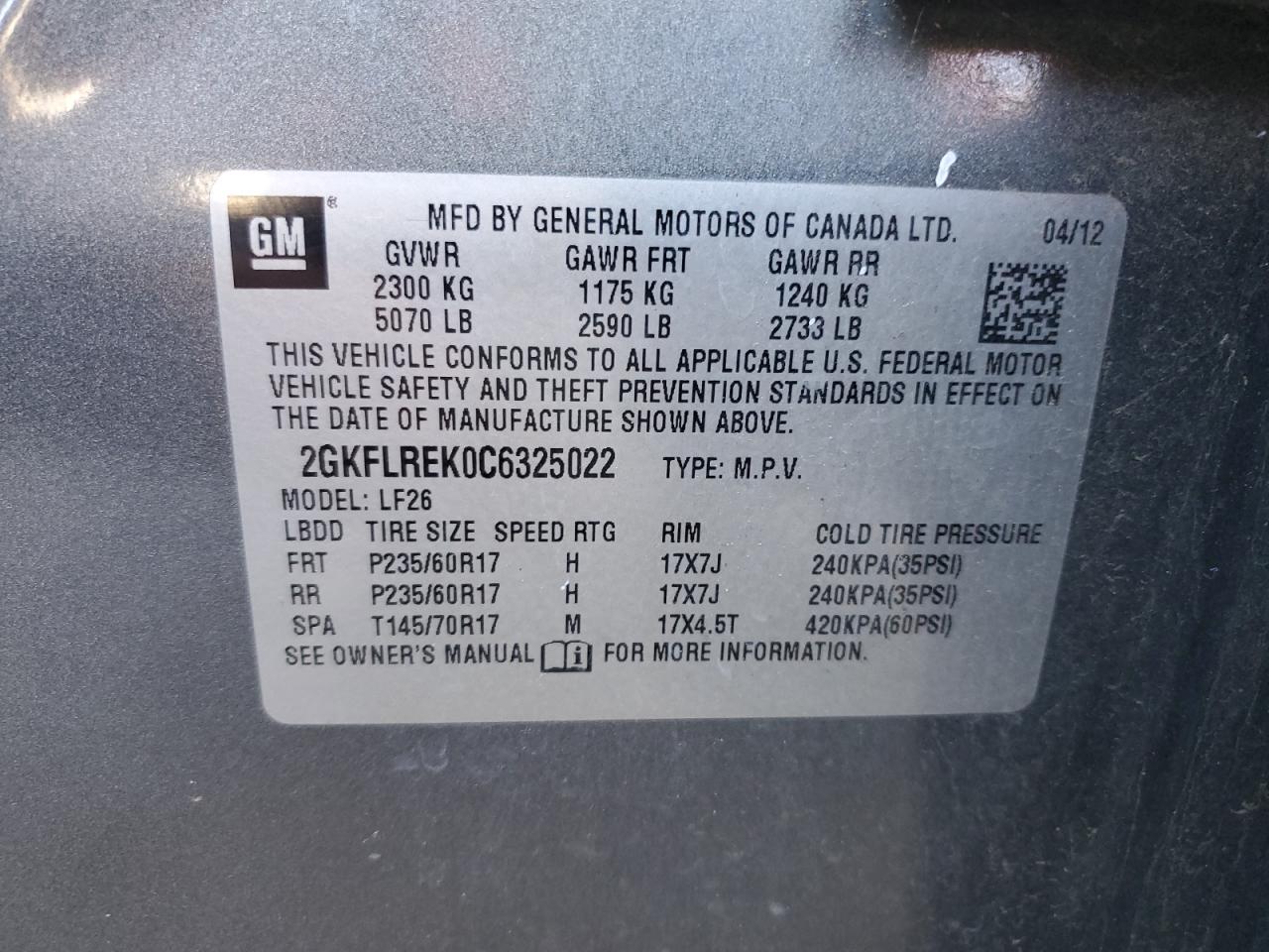 2GKFLREK0C6325022 2012 GMC Terrain Sle