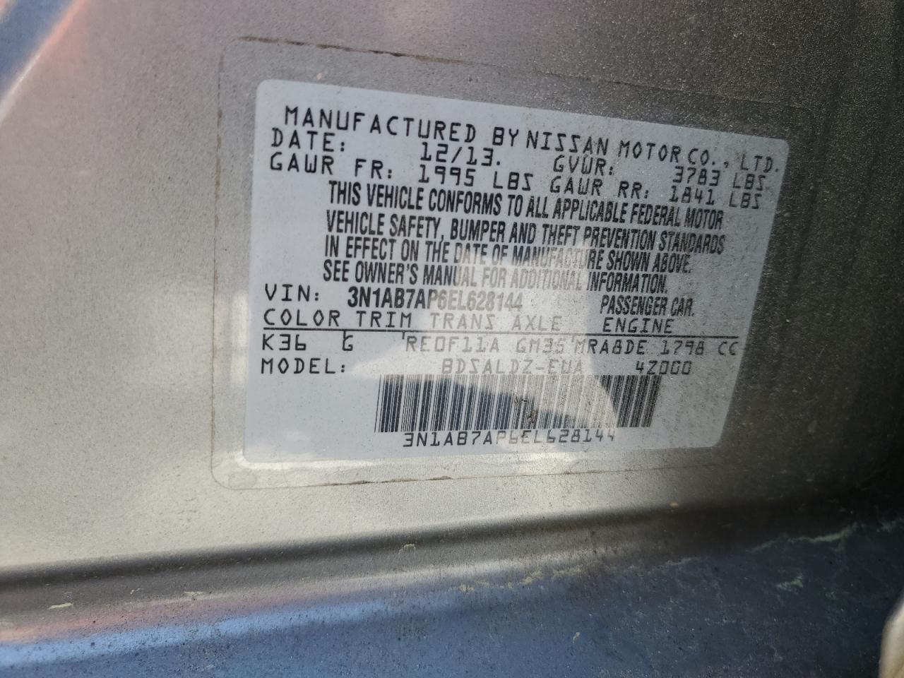 3N1AB7AP6EL628144 2014 Nissan Sentra S