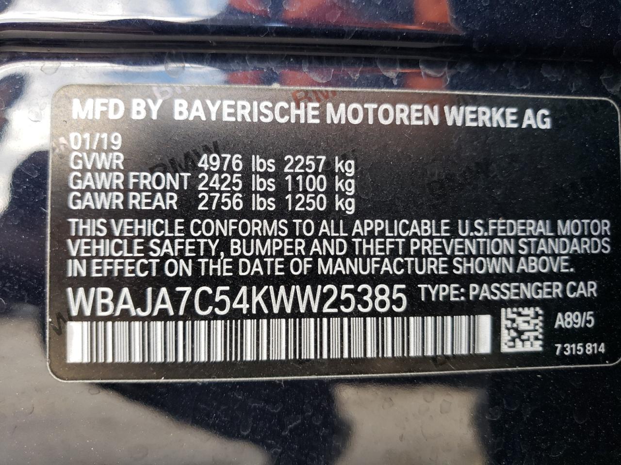 WBAJA7C54KWW25385 2019 BMW 530 Xi
