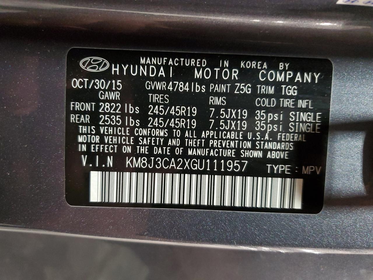 KM8J3CA2XGU111957 2016 Hyundai Tucson Limited