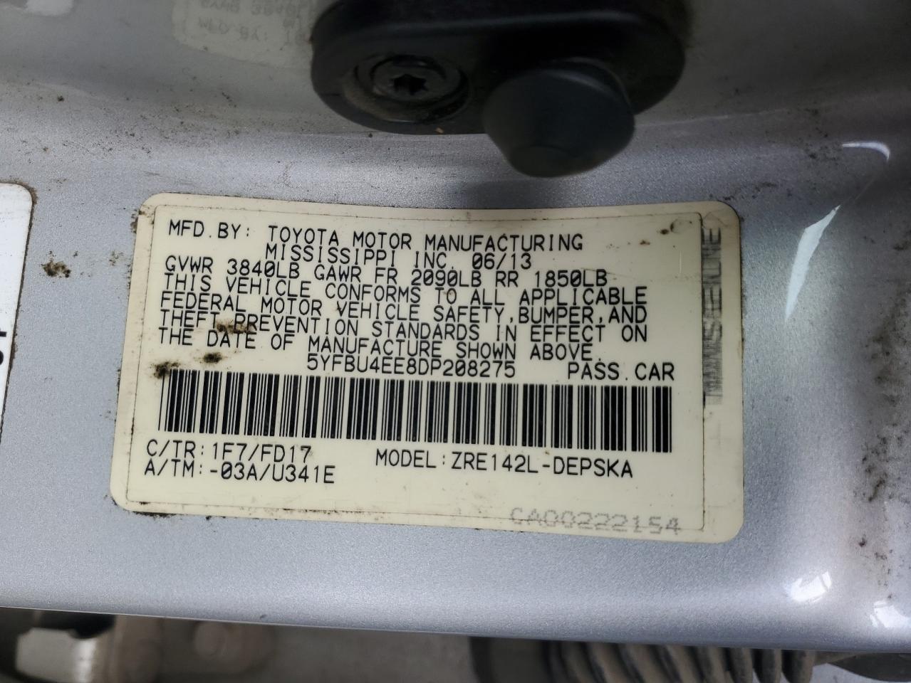 5YFBU4EE8DP208275 2013 Toyota Corolla Base