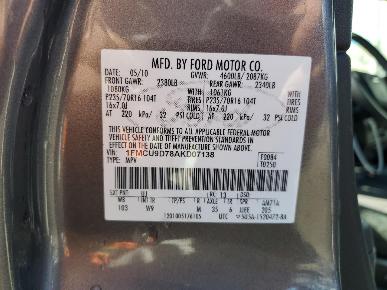 1FMCU9D78AKD07138 2010 Ford Escape Xlt