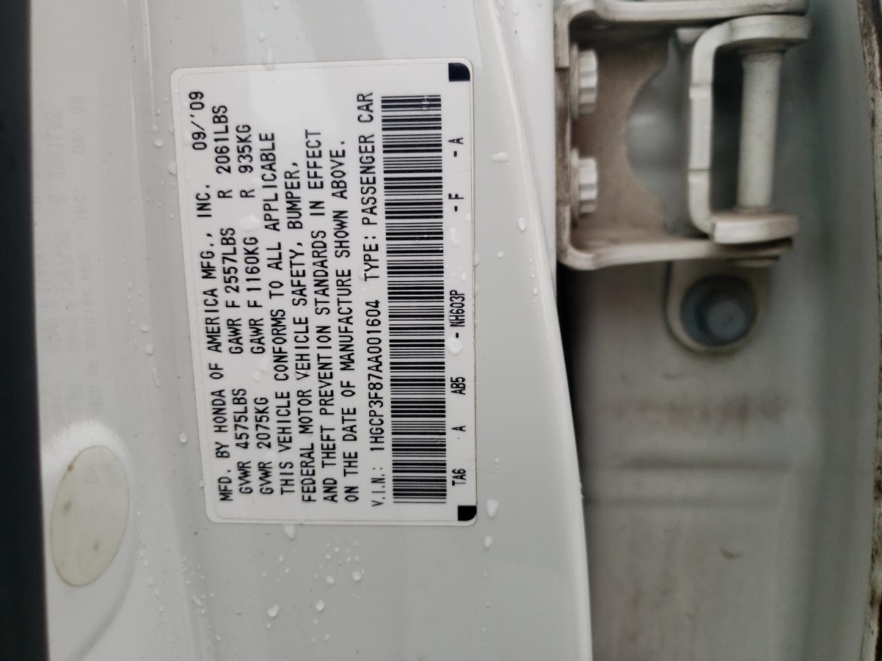 1HGCP3F87AA001604 2010 Honda Accord Exl