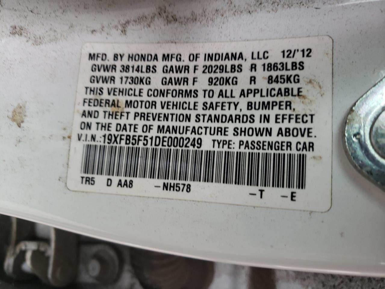 19XFB5F51DE000249 2013 Honda Civic Natural Gas