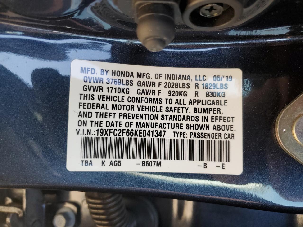 19XFC2F66KE041347 2019 Honda Civic Lx