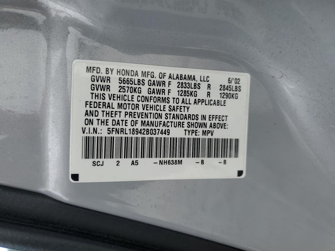 5FNRL18942B037449 2002 Honda Odyssey Exl