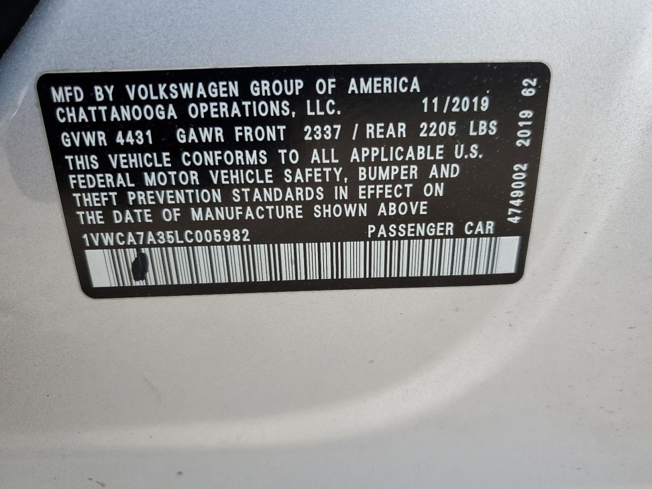 1VWCA7A35LC005982 2020 Volkswagen Passat Sel