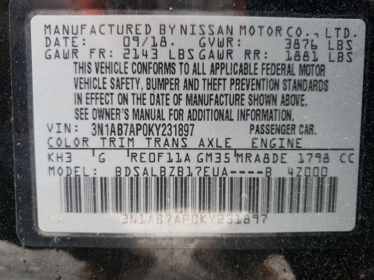 3N1AB7AP0KY231897 2019 Nissan Sentra S